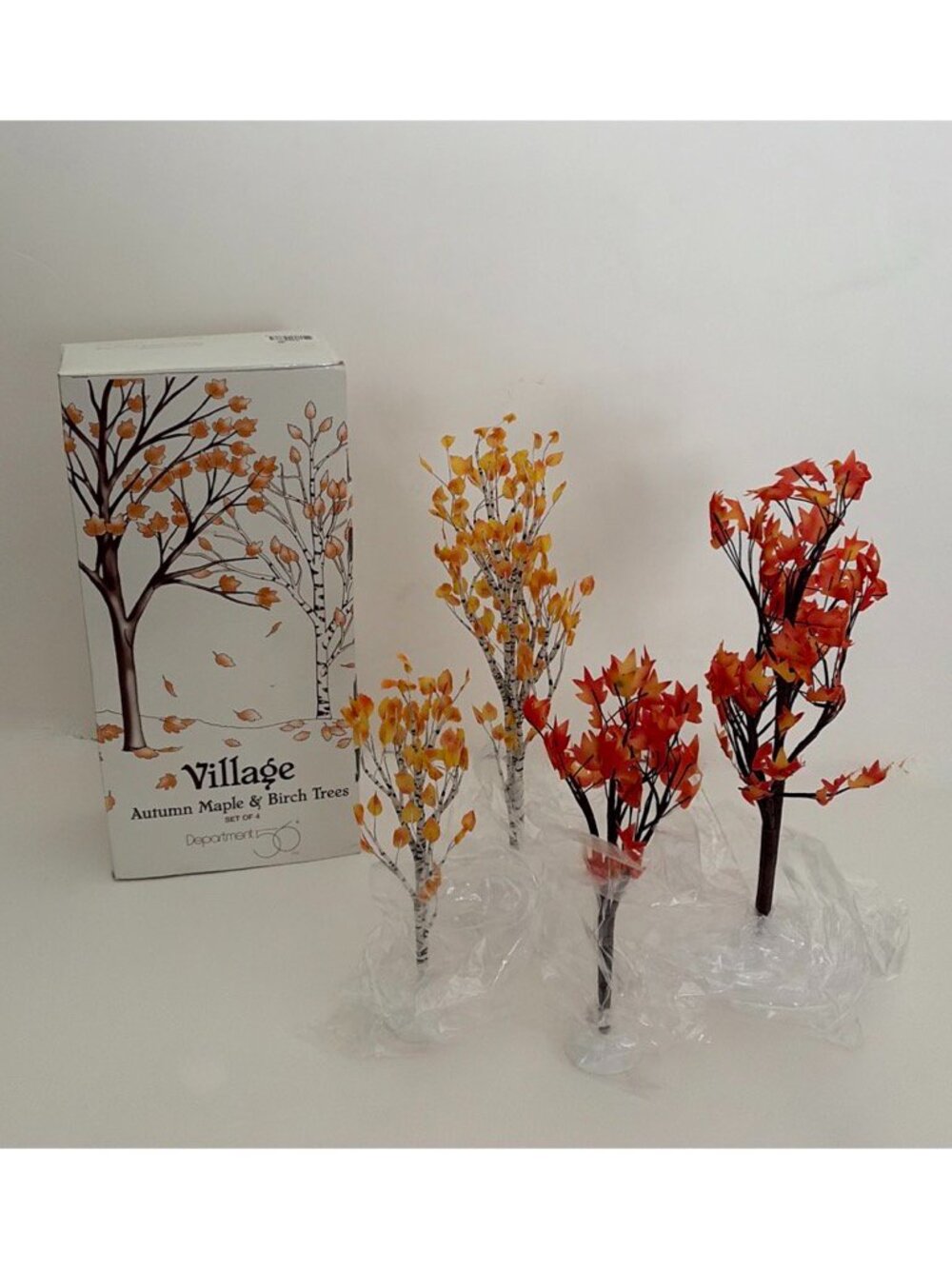 NEW!! Vintage DEPARTMENT 56 Halloween Village Autumn Maple Birch Trees Set 4 Box